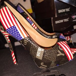 Patriotic Peep-Toe Stiletto Heels - American Flag Print